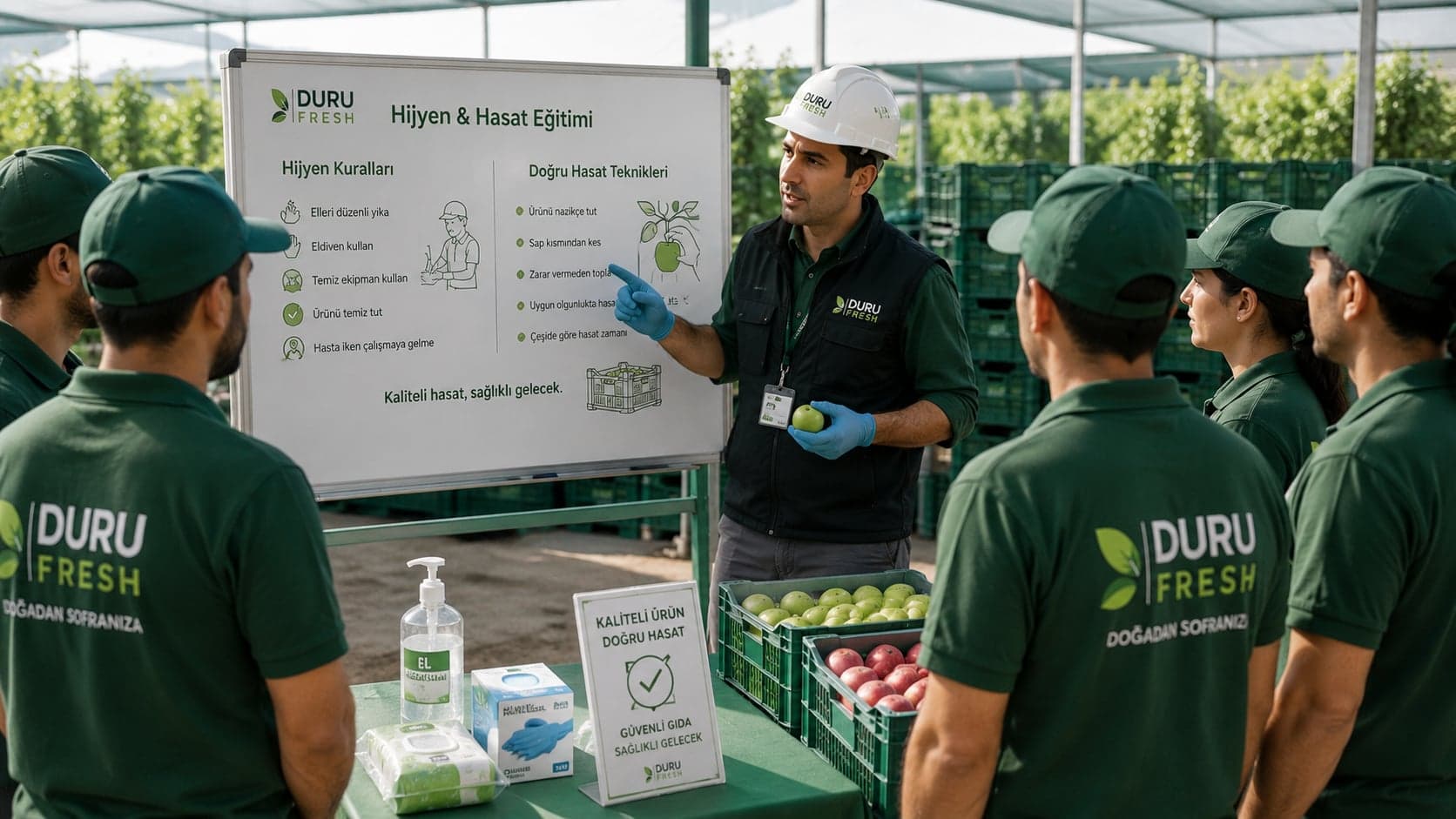 Duru Fresh mühendislerinin sahada personele hijyen ve hasat eğitimi verdiği an