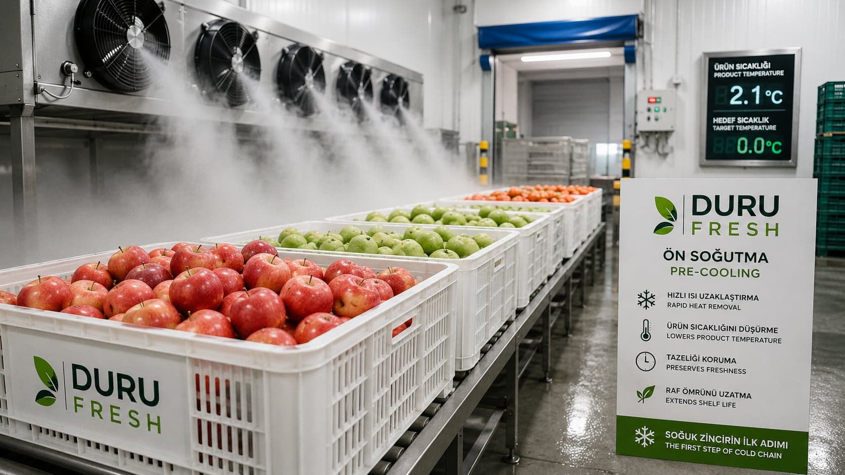 Duru Fresh'in ön soğutma tesisinde hasat edilen ürünlerin hızlı soğutulması
