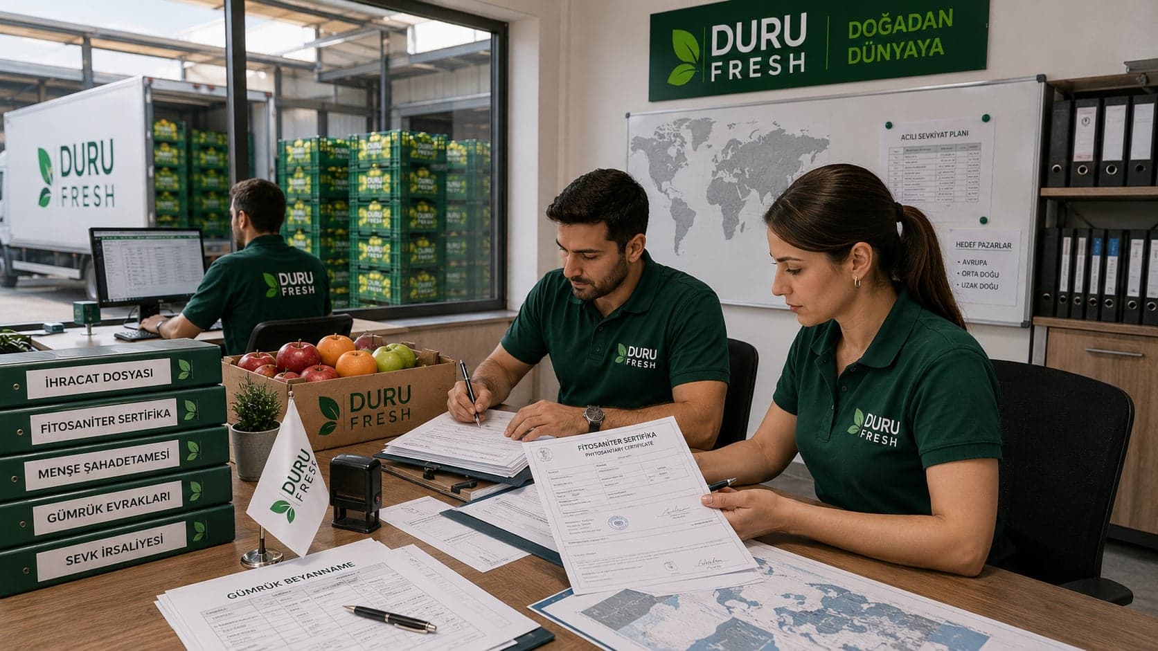 Duru Fresh ihracat ekibinin fitosaniter sertifika ve gümrük evraklarını hazırladığı an
