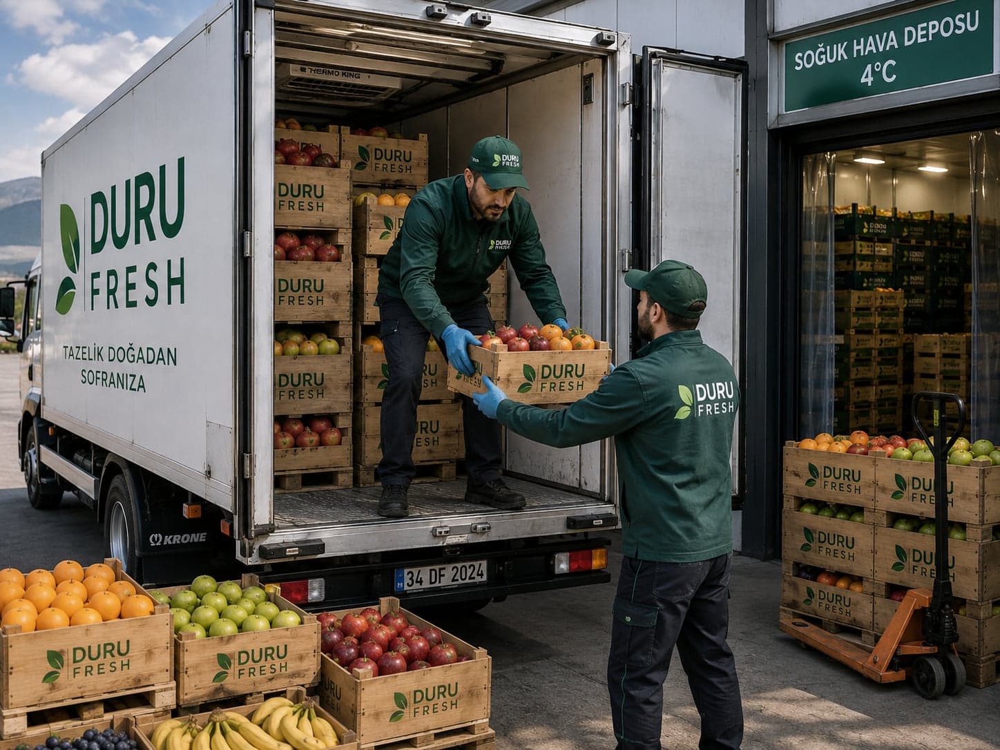 Duru Fresh'in frigorifik aracından meyve kasalarının indirildiği teslimat anı
