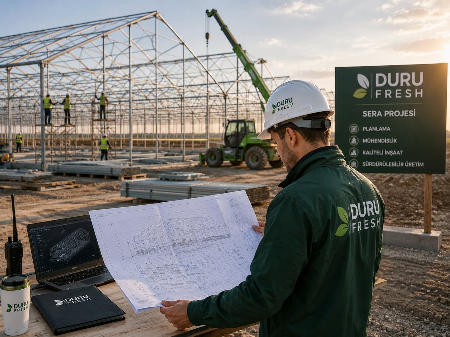 Duru Fresh mühendislerinin sera inşaat sahasında proje planlaması yaptığı an