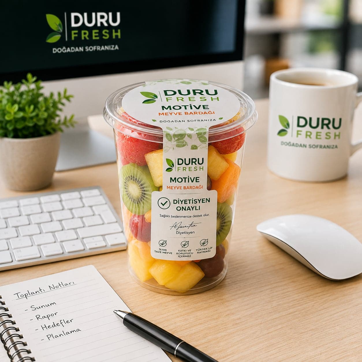 Ofis masasında klavye dostu Duru Fresh meyve kupası