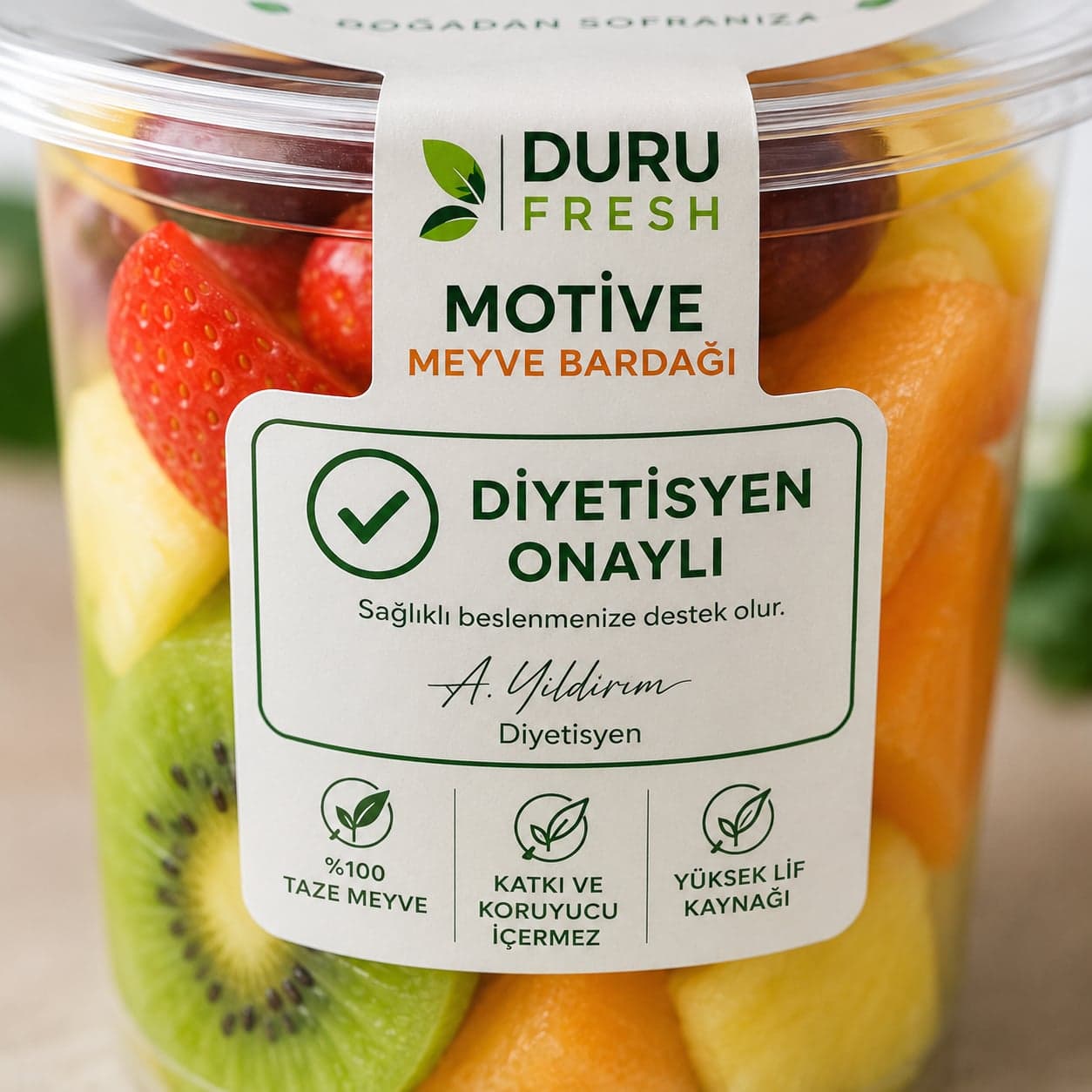 Duru Fresh Motive Meyvesi porsiyonunun diyetisyen onaylı besin etiketi
