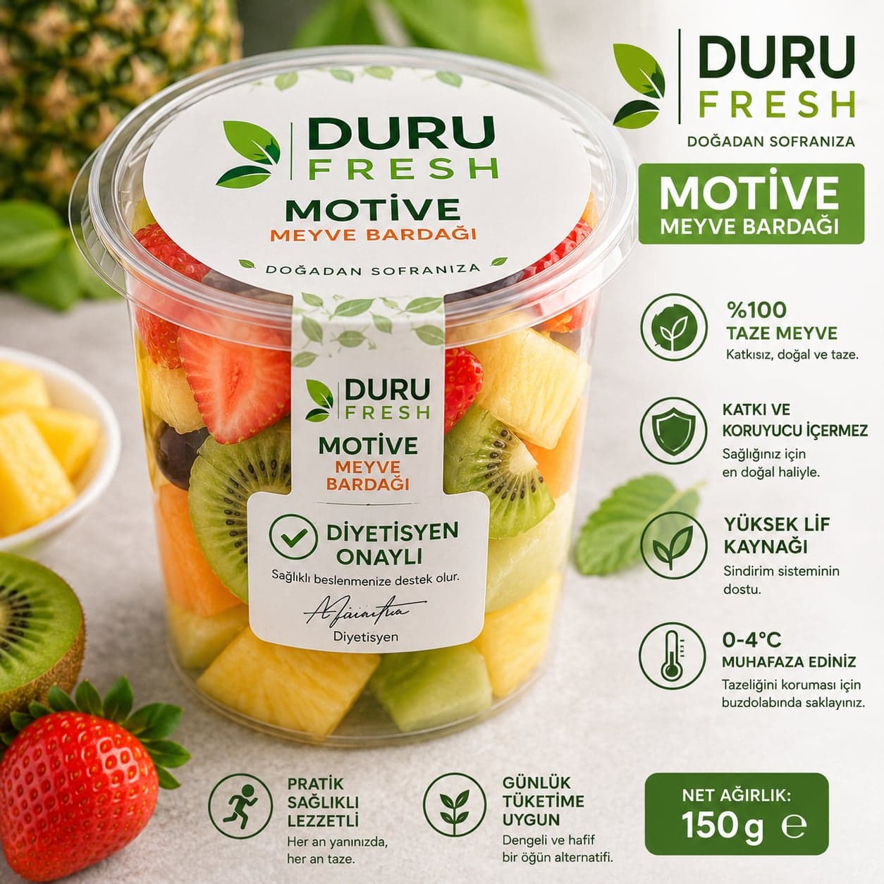 Duru Fresh Motive Meyvesi'nin mühürlü, diyetisyen onaylı porsiyon bardağı