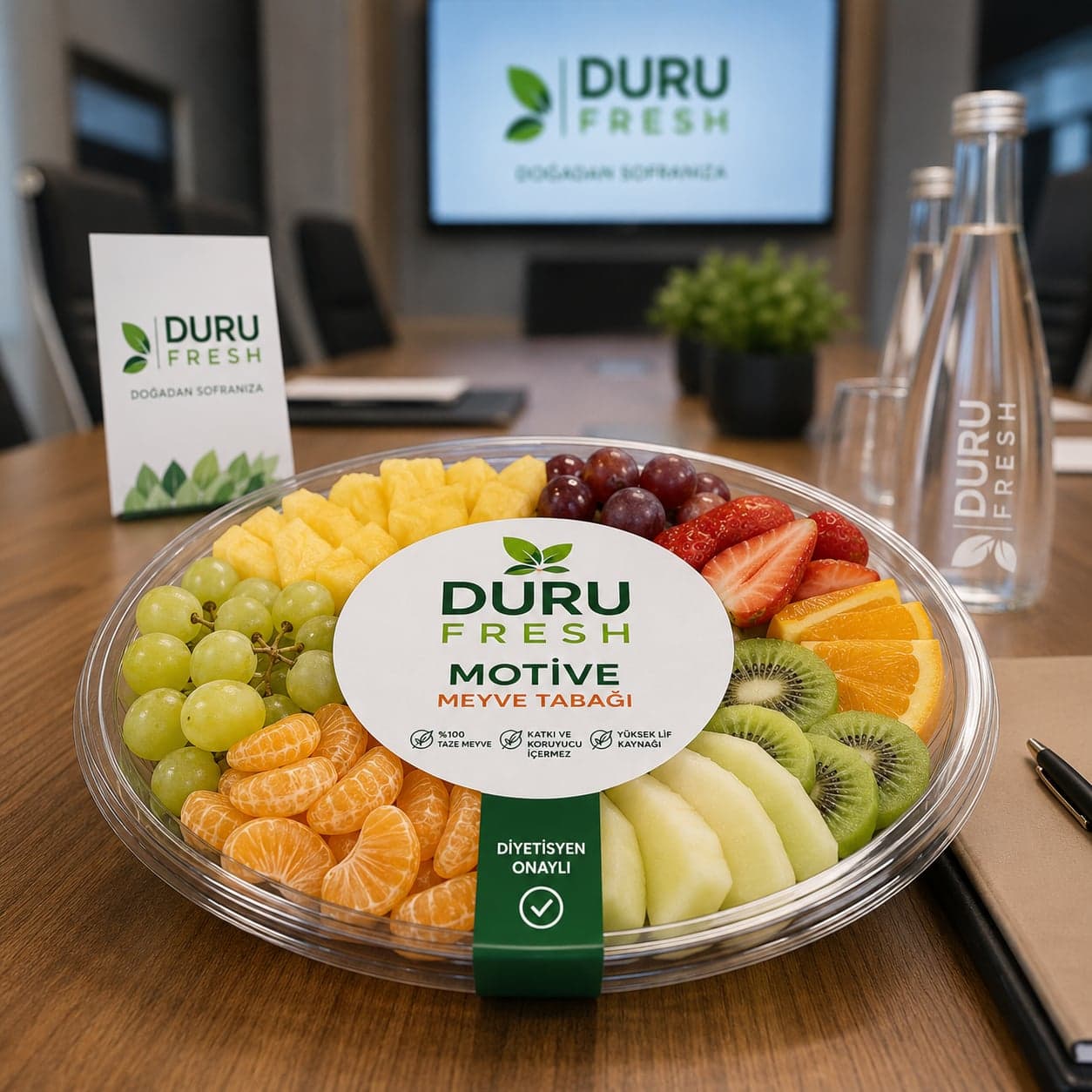 Toplantı odası için hazırlanmış Duru Fresh meyve tabağı sunumu