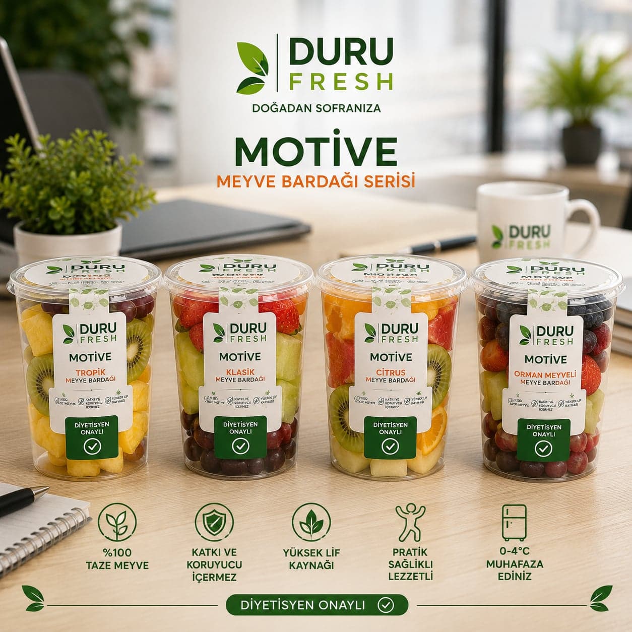 Duru Fresh'in ofis masalarına uygun karışık kup meyve serisi