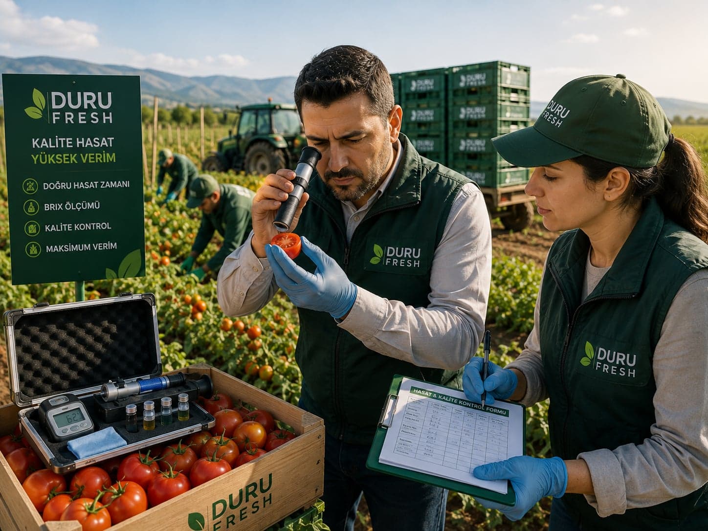 Duru Fresh hasat ekibinin refraktometre ile olgunluk ölçümü yaptığı an