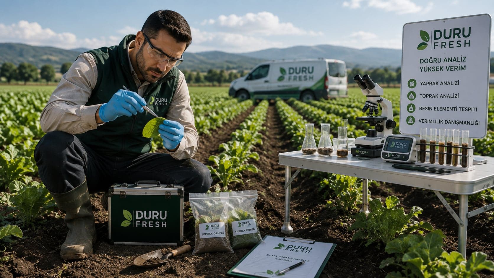 Duru Fresh danışmanının sahada yaprak ve toprak analizi örneği aldığı an