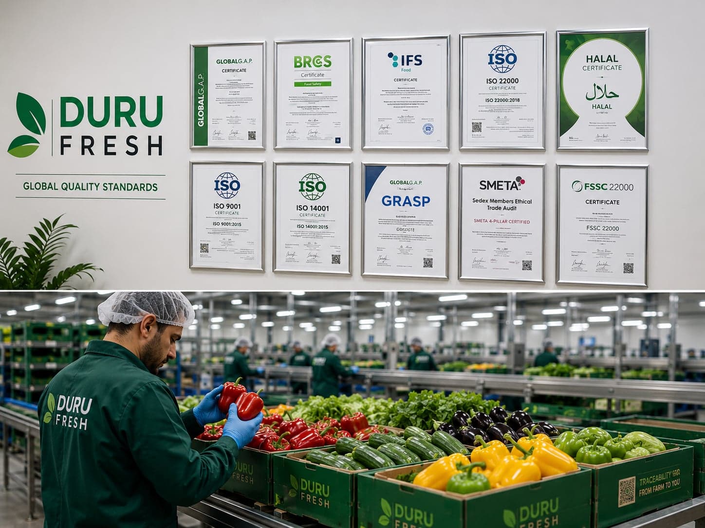 Duru Fresh'in uluslararası kalite sertifikalarının sergilendiği ofis duvarı ve ürün kalite kontrolü