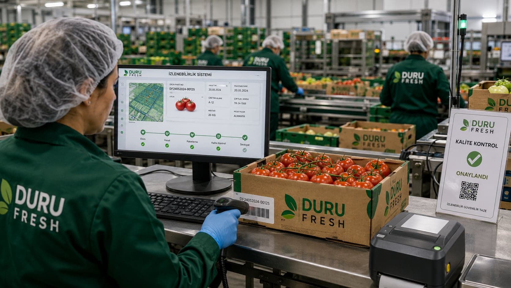 Duru Fresh'te barkod okuyucu ile ürün lot takibi yapan kalite kontrol uzmanı