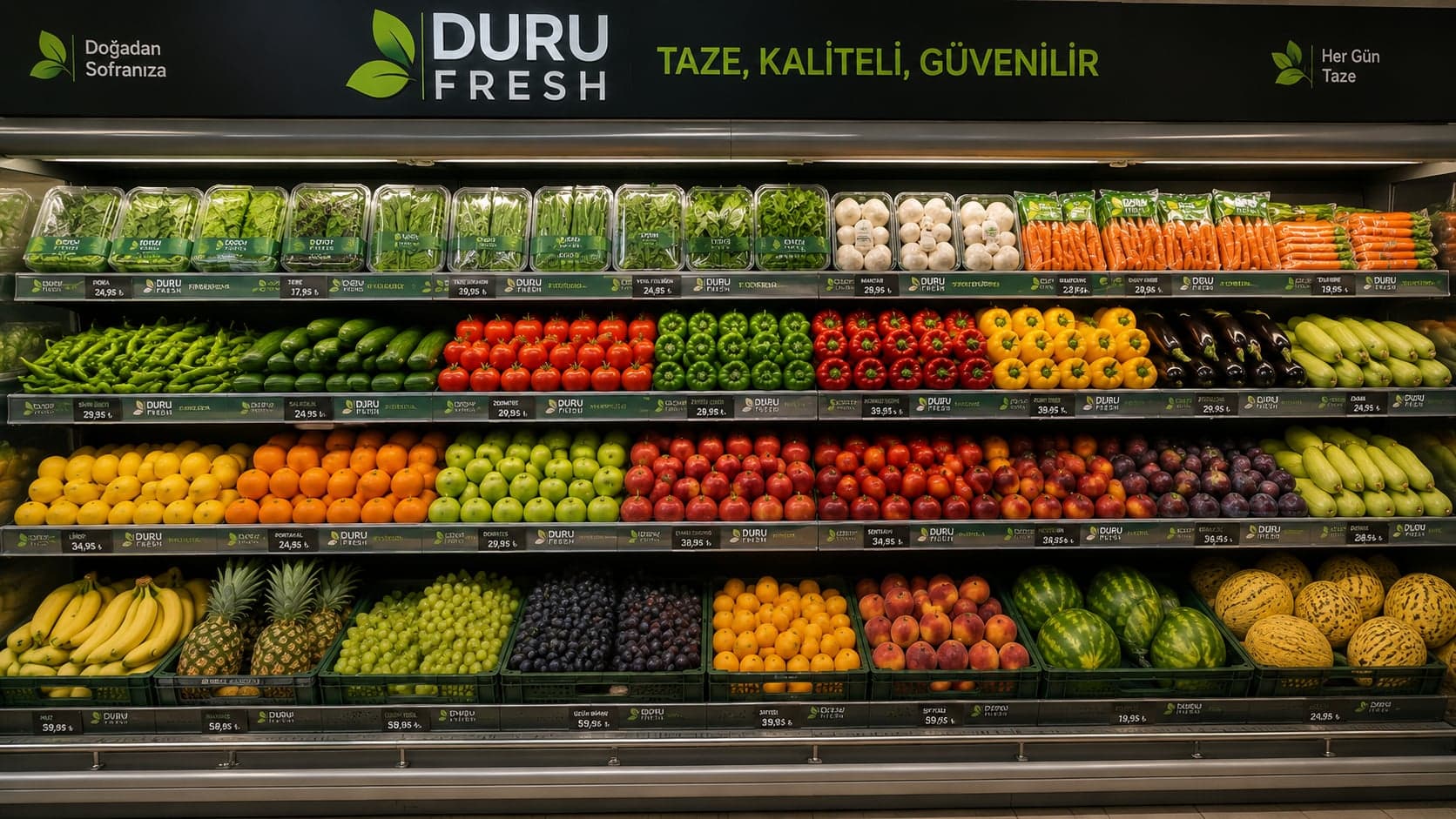 Duru Fresh'in standart kalibrasyonlu ürünlerle doldurduğu bir market reyonu