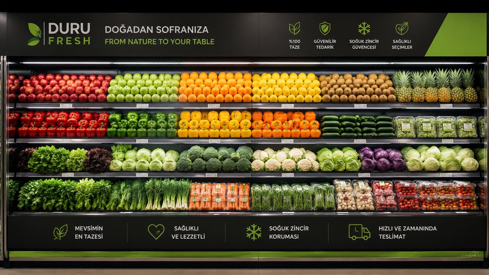 Duru Fresh'in renk bloklama tekniğiyle düzenlenmiş taze gıda reyonu