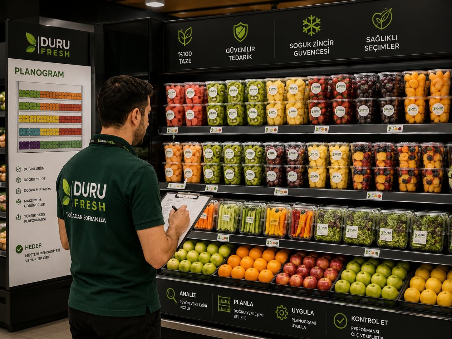 Duru Fresh danışmanının reyon önünde planogram incelemesi yaptığı an