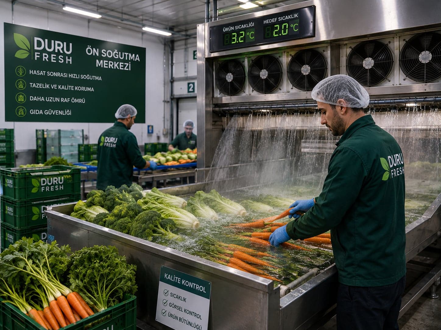 Duru Fresh'in ön soğutma merkezinde hasat edilen sebzelerin işlendiği an