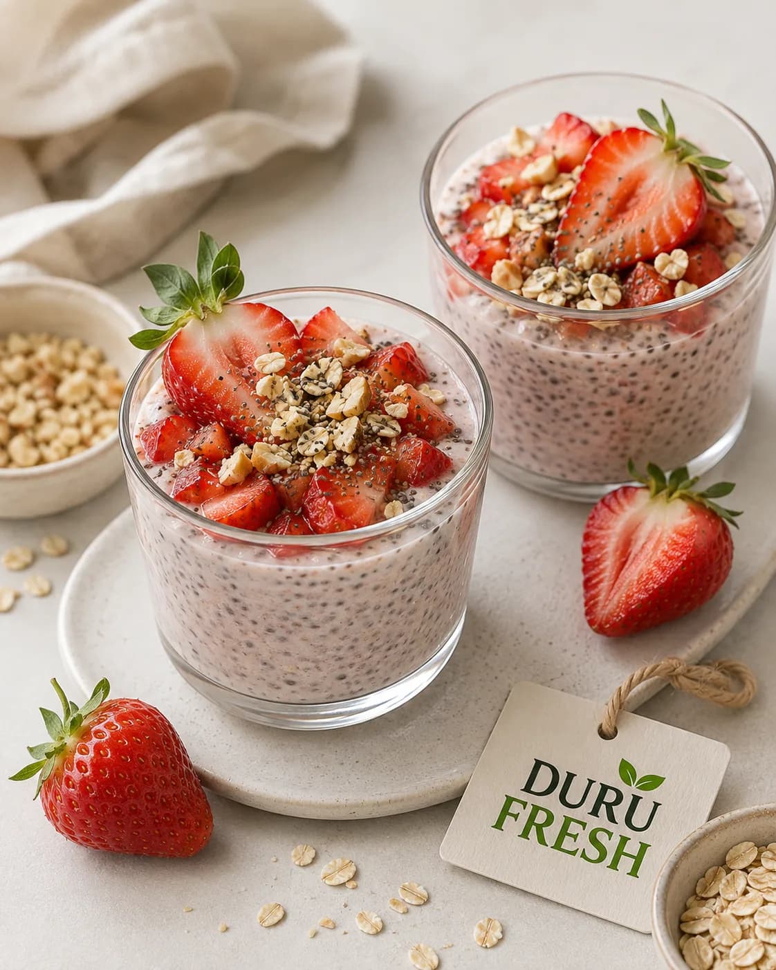 Şekersiz Taze Çilekli ve Yulaflı Chia Puding
